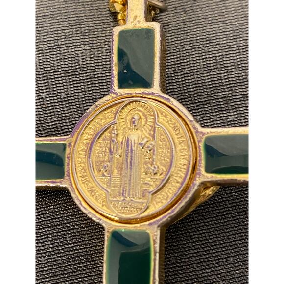 Gold tone St. Benedict Crucifix Pendant Necklace on Heavy Gold tone box chain. - Picture 10 of 16